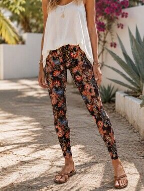 Just Cozy Multi-Color Paisley Print Leggings Boho Stretch Pull-On Pants Festival